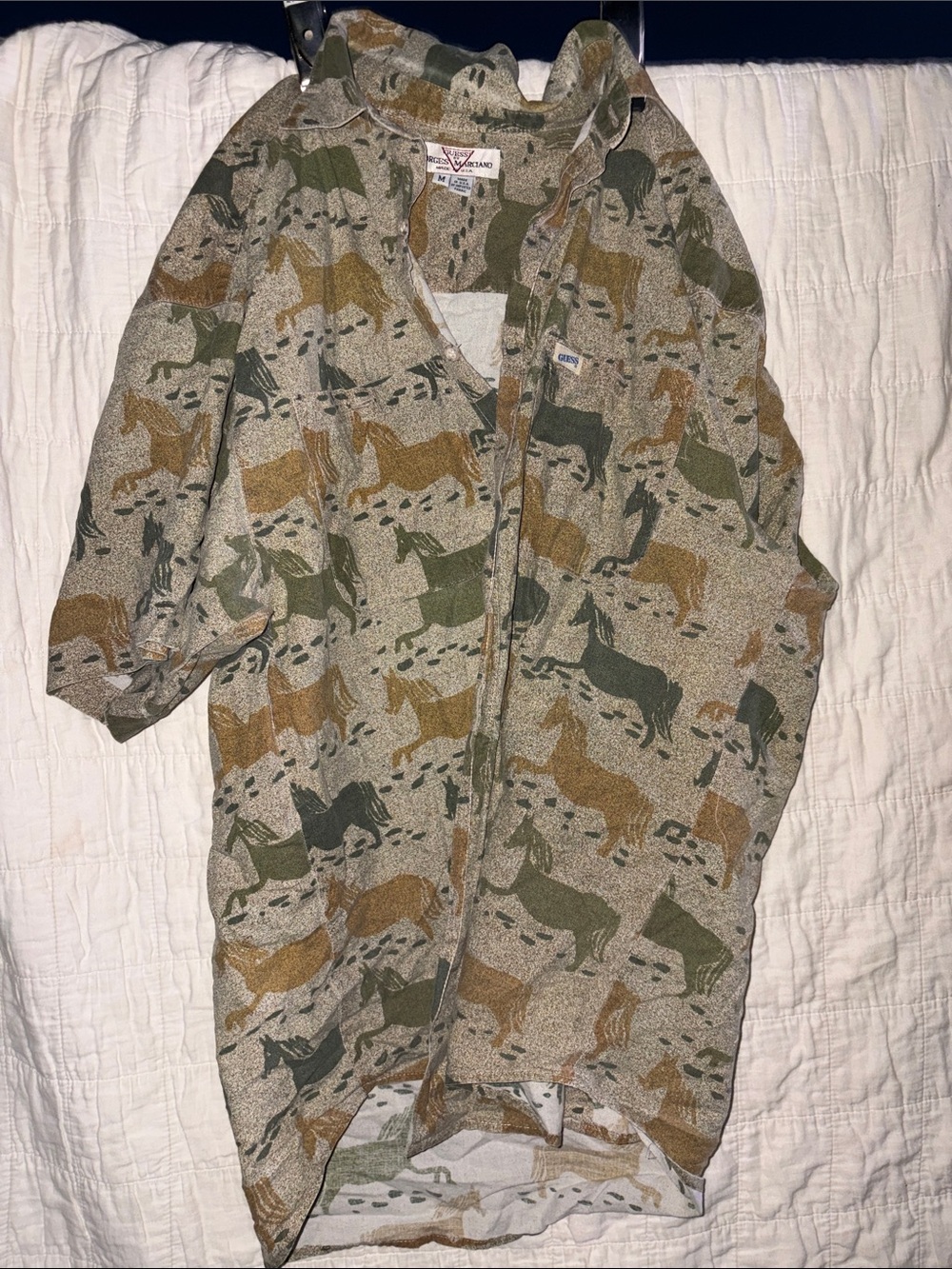 Women’s button down short sleeve Horse Print - Green/Tan